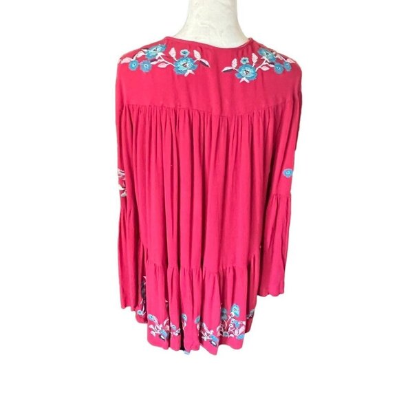 Free People Cherry Red Bell Long Sleeve Boho Embroidered Te Amo Mini Dress Sz S - Picture 5 of 13